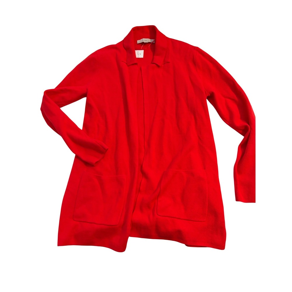LOFT Womens Red Open Front Collared Cardigan Sweater Size S 100% Cotton 34175507